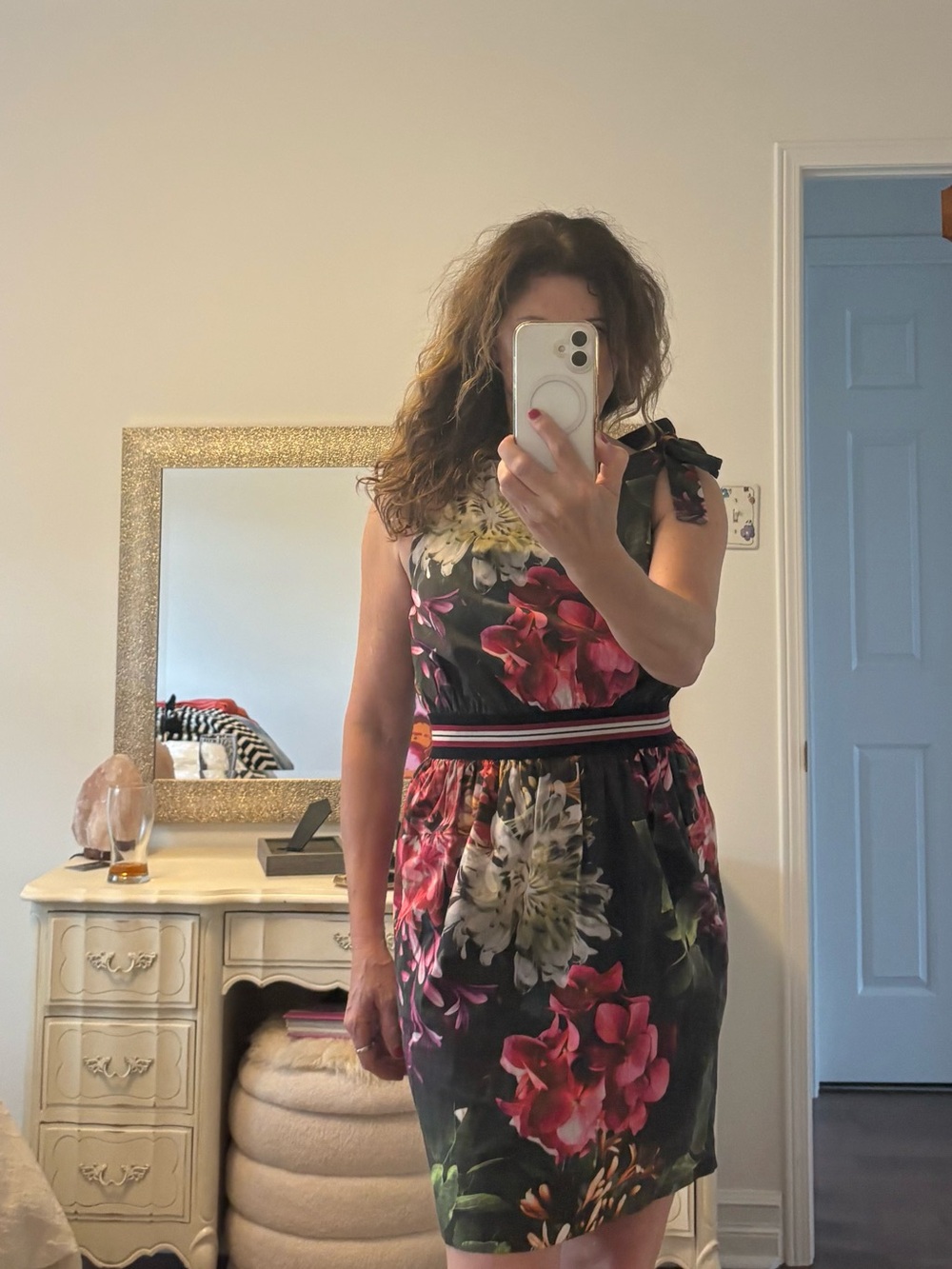 Sisley One-Shoulder Floral Dress in Black, Pink and Cream